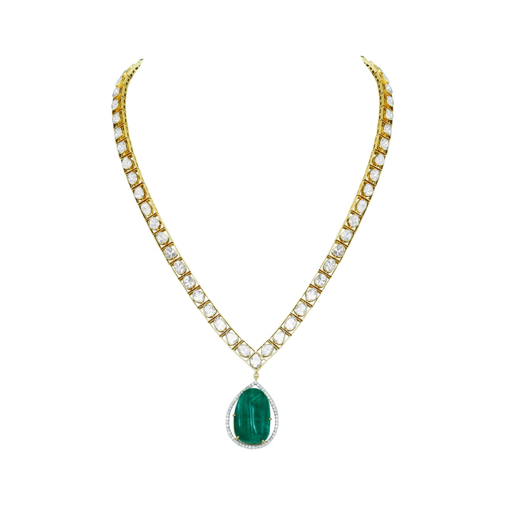 Emerald Pendant Polki Necklace with Symmetrical Polkis